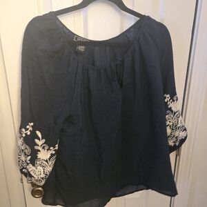 New York & Company Navy Peasant Blouse with White Embroidered Sleeves